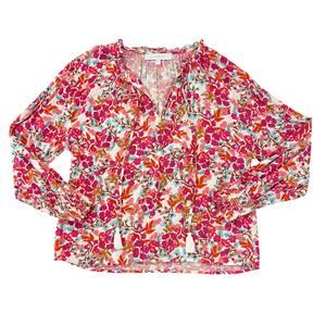 Sugarlips White, Pink, Teal, & Orange Floral Split Neck Boho Blouse - SIZE S